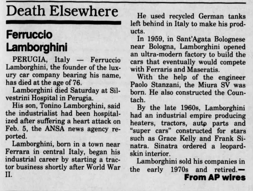 Artykuł o śmierci Ferruccio Lombarghiniego w 1993 roku