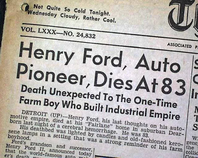 Artykuł o śmierci Henry'ego Forda 1947