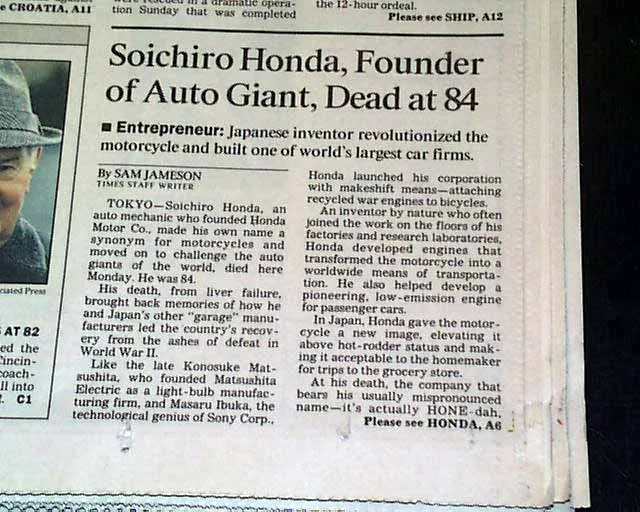 Pierwszy raport o śmierci Soichiro Hondy - Los Angeles Times 1991